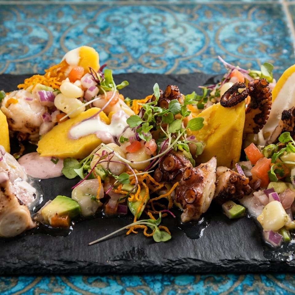 Colorful seafood platter with grilled octopus, stuffed plantain cups, avocado, vegetables, microgreens, crispy garnish, and creamy sauces.