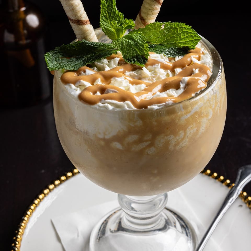 Creamy caramel dessert topped with whipped cream, mint leaves, and two wafer rolls in a stemmed glass.