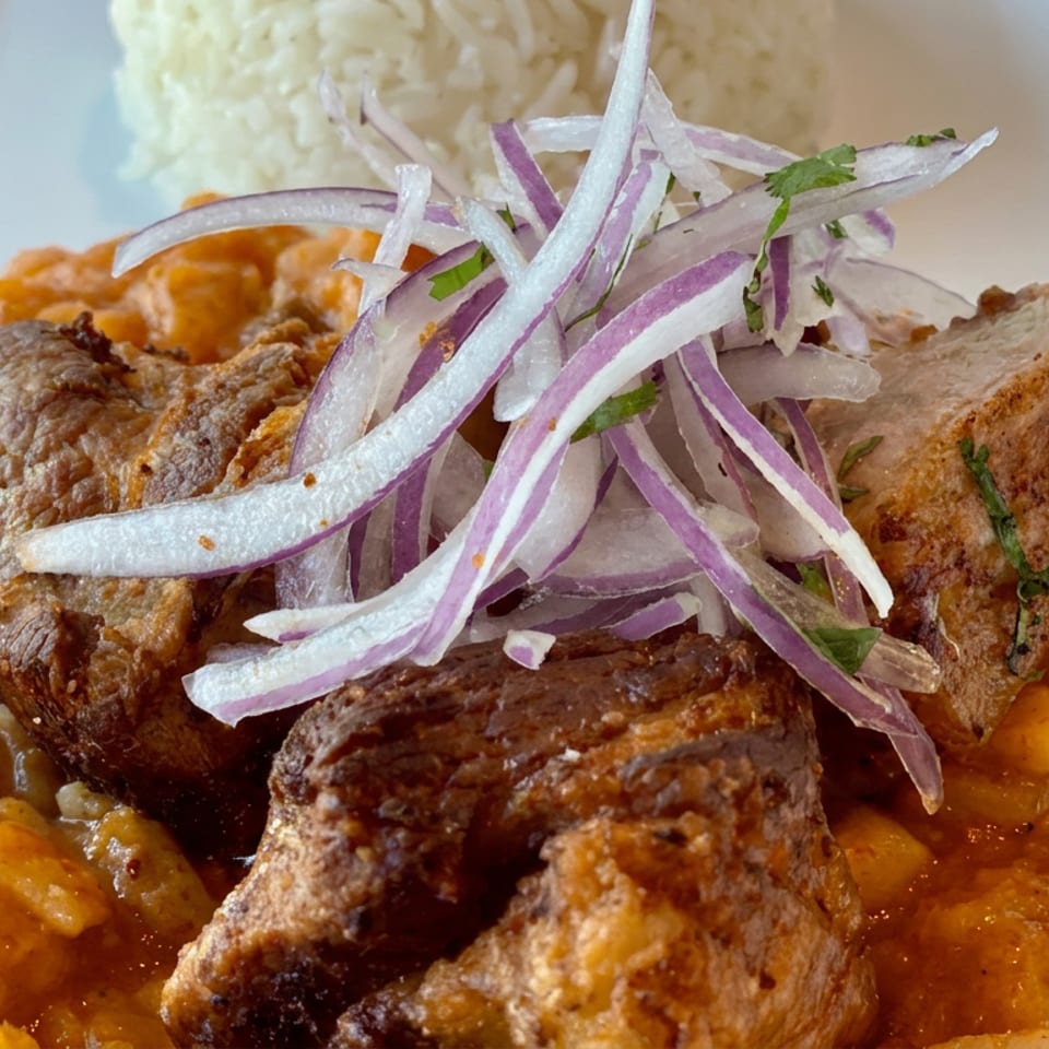 Grilled meat chunks topped with sliced red onion and cilantro, served over chickpeas in a rich orange sauce with rice.