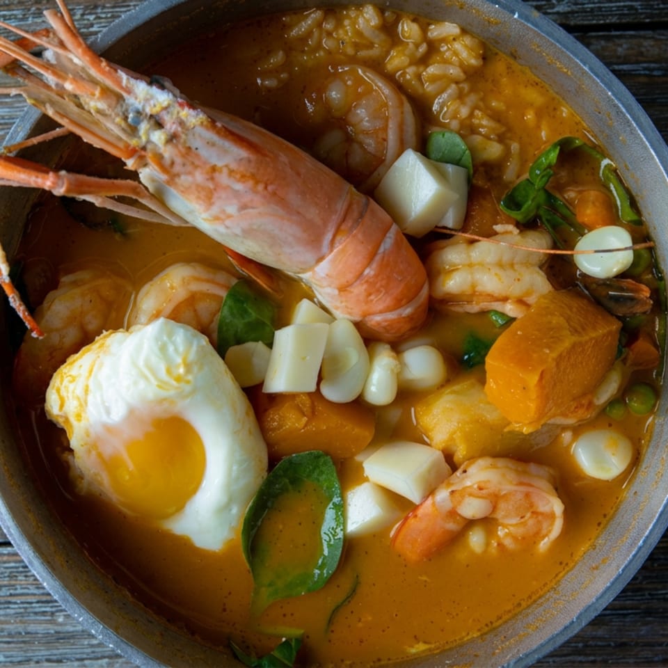 Bowl of orange seafood curry with prawns, fried egg, vegetables, and rice on a rustic wooden table.
