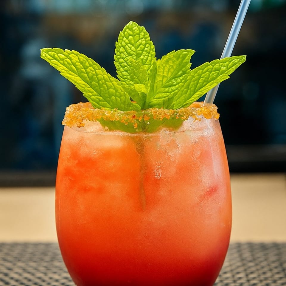 Red-orange iced cocktail in a rounded glass, garnished with fresh mint, a salted rim, lime, and a metal straw.
