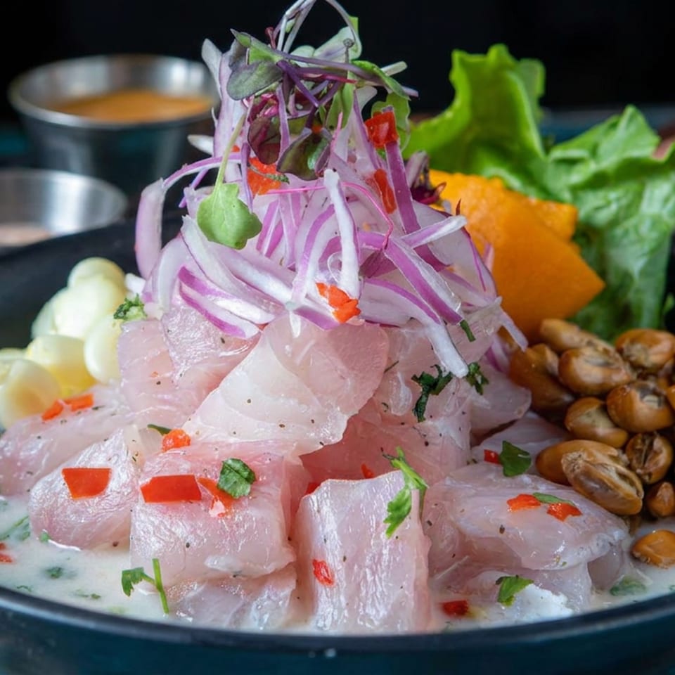 Peruvian-style ceviche with diced white fish, red onions, peppers, corn, lettuce, and toasted corn served in a black bowl.