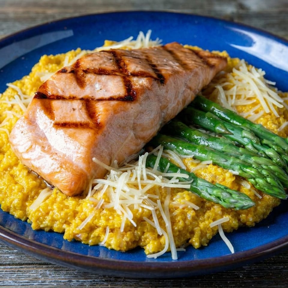 Grilled salmon fillet with asparagus and shredded cheese over golden grains on a blue plate.