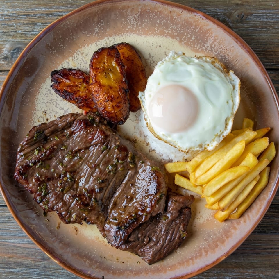 Grilled steak served with fried egg, golden fries, and roasted plantains on a rustic ceramic plate.