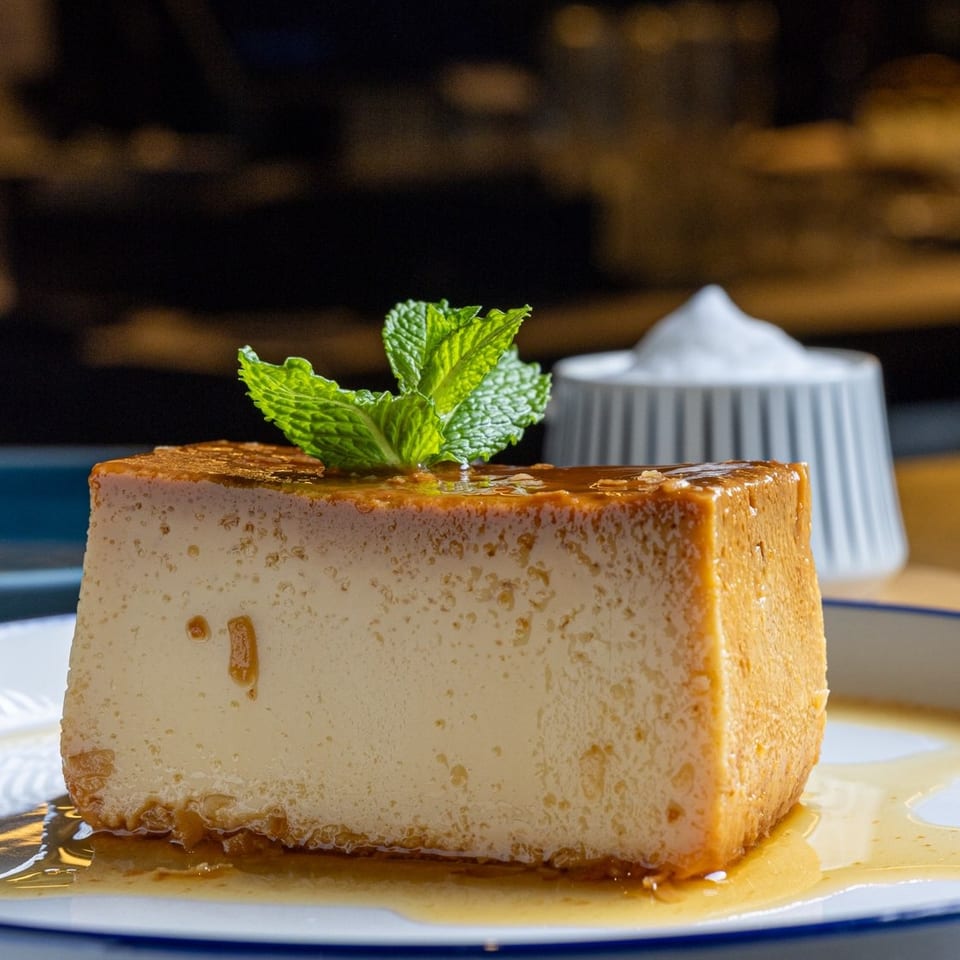 Caramel flan topped with fresh mint, served on a white plate with caramel sauce in a warmly lit restaurant.