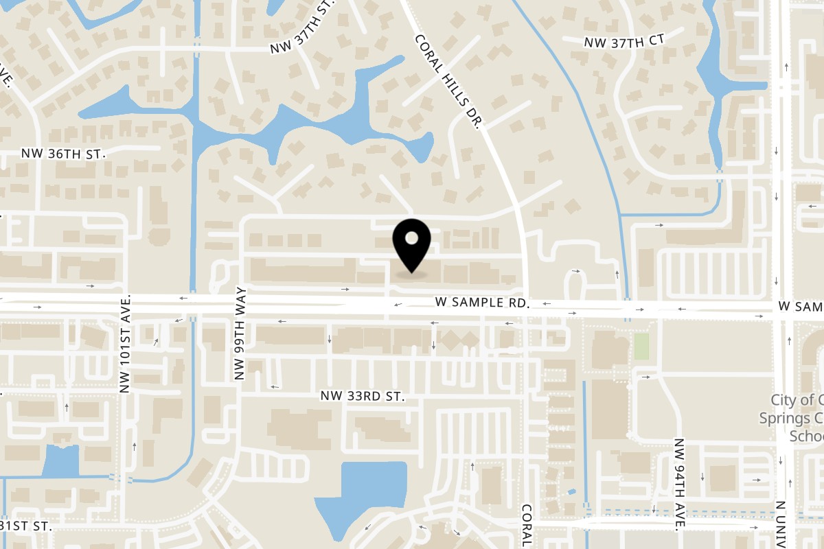 Map showing the location of Bravo Peruvian Kitchen Coral Springs on 9711 W Sample Rd in Coral Springs